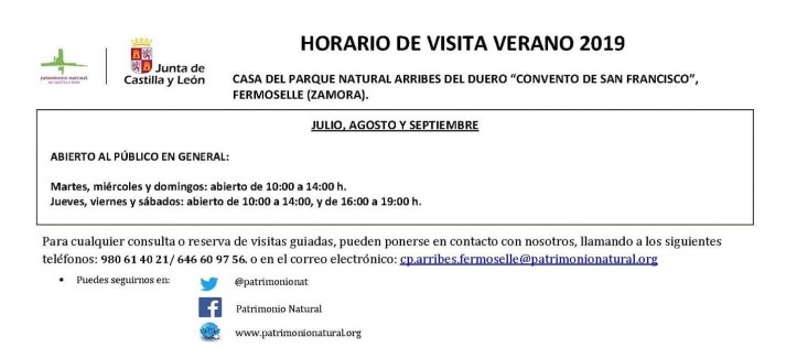 horario visita verano casa del parque natural arribes del duero