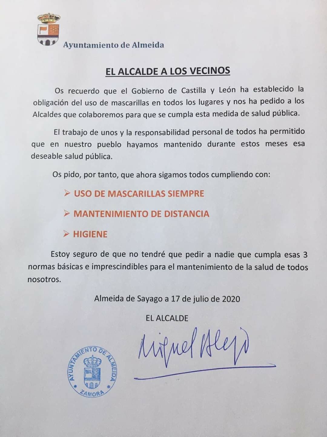 Bando de la alcaldía de Almeida, comarca de sayago, Zamora