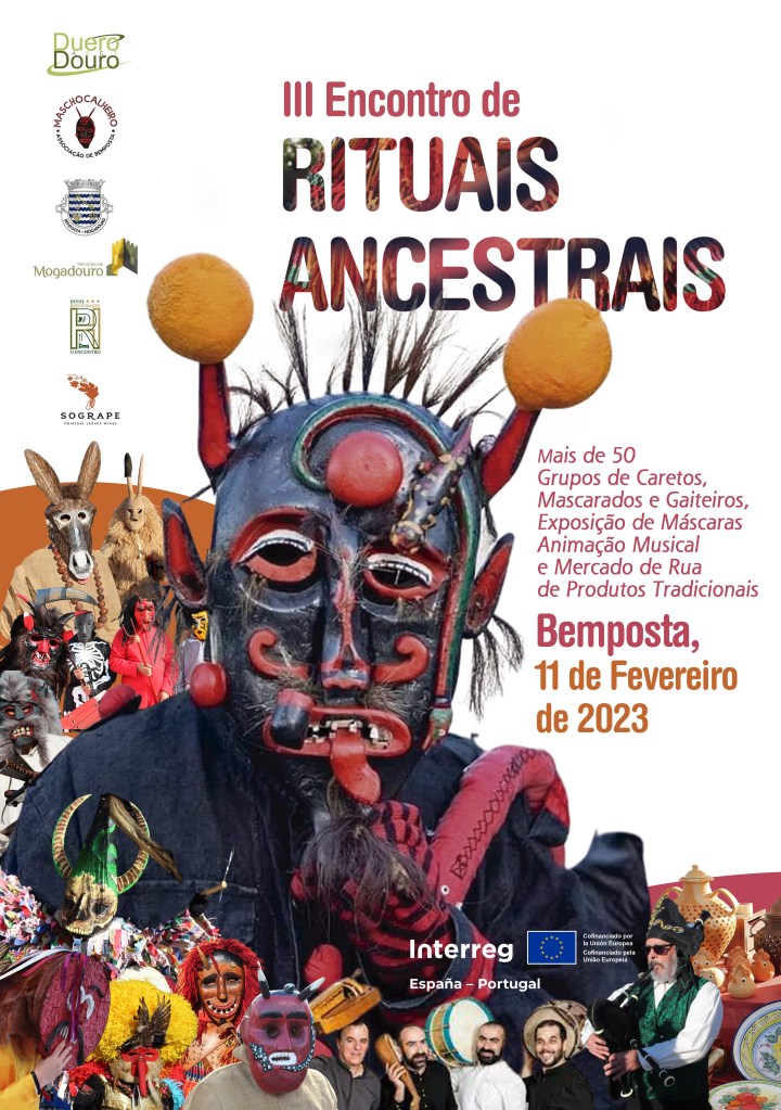 rituais ancestrais, mais de 50 grupos de caretos, mascarados e gaiteiros, exposicao de mascaras, animacao musical e mercado de rua de produtos tradicionais em bemposta