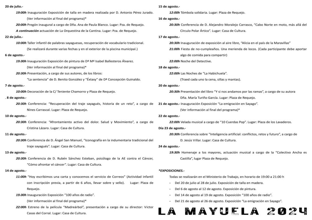 diptico con el programa cultural de la asociación La Mayuela de Bermillo de Sayago