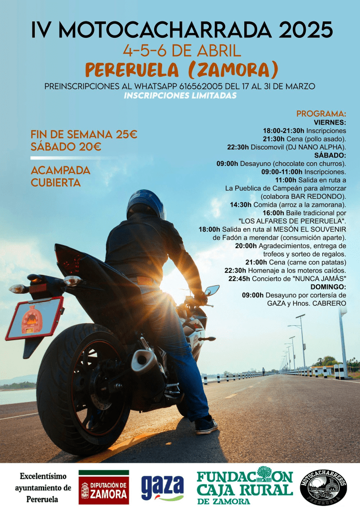 Cartel IV Motocacharrada de Pereruela (Zamora), concentración motera de la localidad de Pereruela de Sayago, conocida por sus pucheros o cacharros, así como las chimeneas de barro que permiten hacer unos espectaculares asados