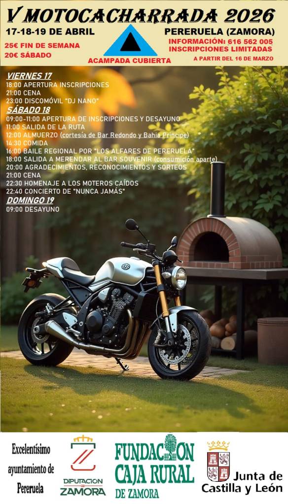 Cartel de la V Motocacharrada 2026 en Pereruela de Sayago (Zamora), concentración motera del 17 al 19 de abril con ruta en moto, conciertos y acampada cubierta.