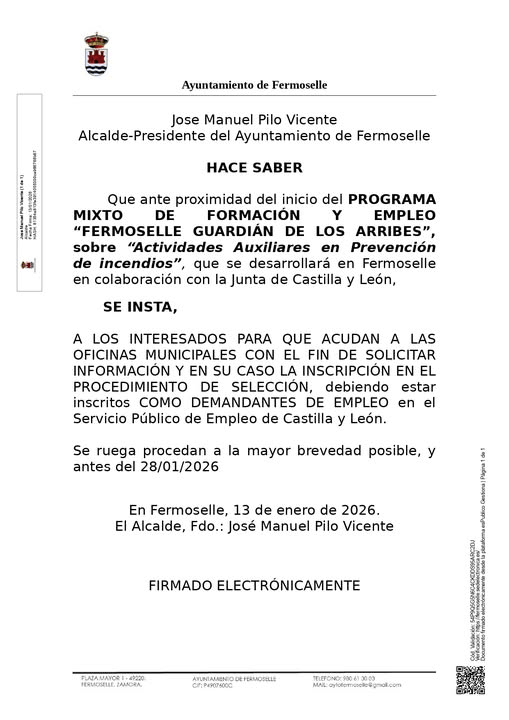 Bando oficial del Ayuntamiento de Fermoselle anunciando el Programa Mixto de Formación y Empleo “Fermoselle Guardián de los Arribes”, centrado en actividades auxiliares de prevención de incendios, con información sobre inscripción, requisitos y plazo hasta el 28 de enero de 2026.