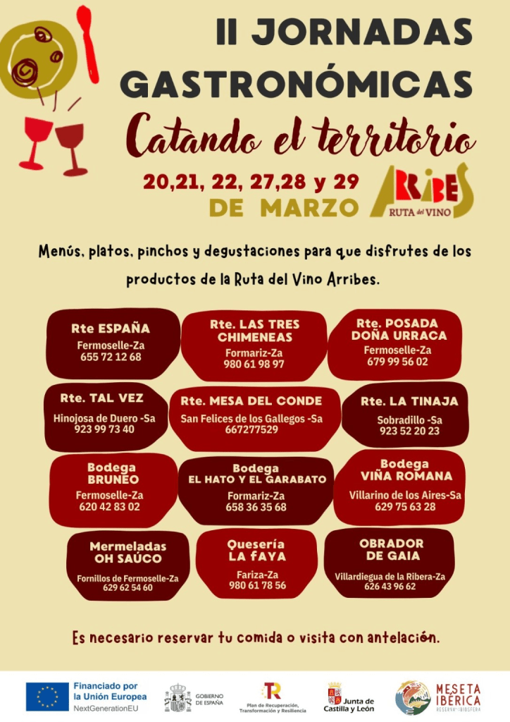 Cartel de las II Jornadas Gastronómicas “Catando el Territorio” de la Ruta del Vino Arribes, celebradas los días 20, 21, 22, 27, 28 y 29 de marzo. Incluye una propuesta de menús, platos, pinchos y degustaciones con productos locales. Aparecen los establecimientos participantes, entre ellos Restaurante España y Posada Doña Urraca en Fermoselle, junto a otros restaurantes, bodegas y productores de la comarca. Indica la necesidad de reservar con antelación.