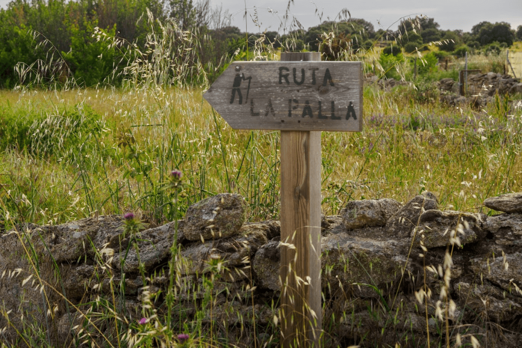 Señal de madera indicando la ruta 'La Falla' en un paisaje de campo con hierba alta y arbustos.