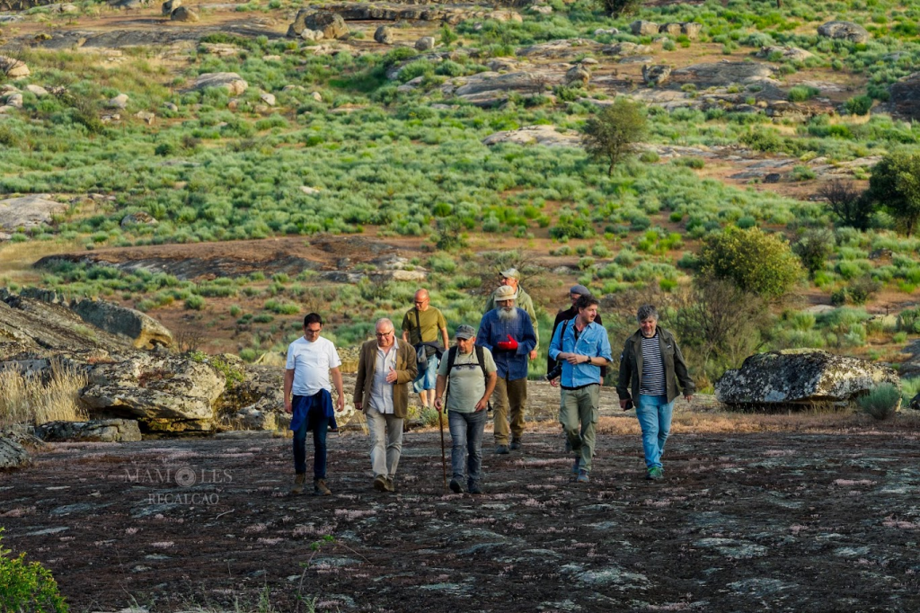 Grupo de personas caminando por un paisaje rocoso y verde, en un entorno natural.