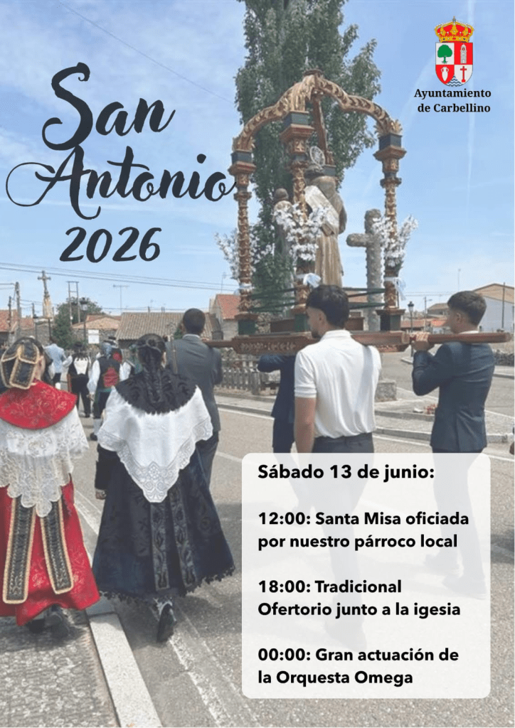 Cartel de San Antonio 2026 en Carbellino con imagen de la procesión, misa, ofertorio tradicional y actuación de la Orquesta Omega