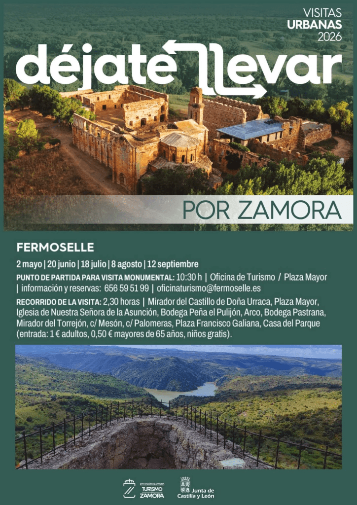 Cartel promocional de visitas urbanas en Fermoselle, 2026, destacando la fecha y detalles de la visita monumental, con imágenes de paisajes y monumentos locales.