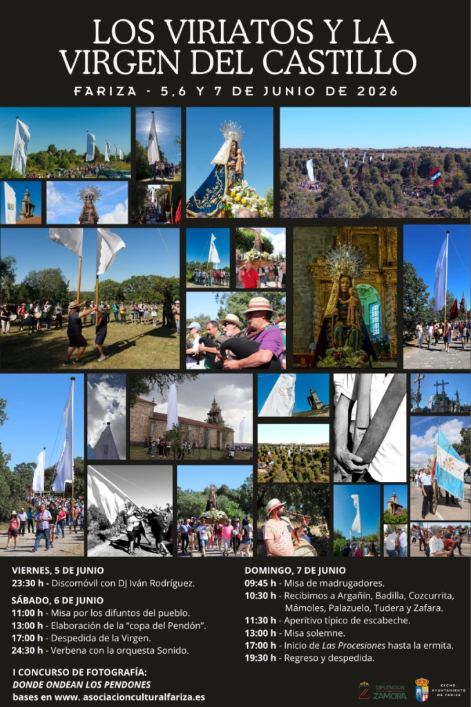 Cartel de la festividad de Los Viriatos y la Virgen del Castillo 2026 en Fariza con fotografías de pendones, procesiones y actos tradicionales de la romería.
