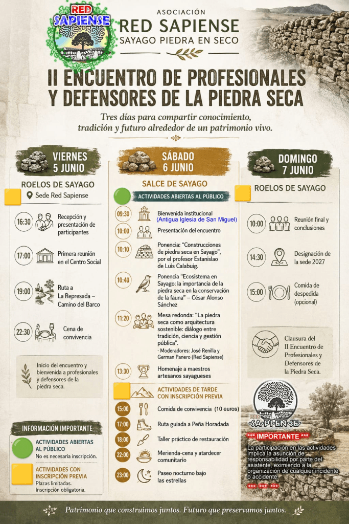 Cartel del II Encuentro de Profesionales y Defensores de la Piedra Seca, organizado por la Asociación Red Sapiense, celebrado del 5 al 7 de junio en Sayago. Incluye actividades programadas y horarios.